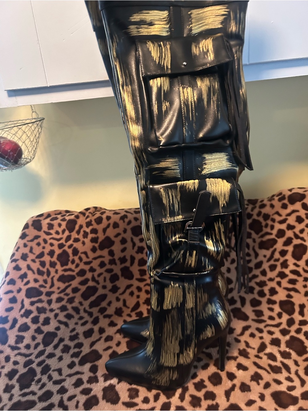 Sexy Black & Gold Buckle Knee-High Stiletto Boots - Picture 12 of 16